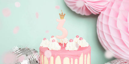 Rojstnodnevna sveča številka 3 s krono, svetlo roza