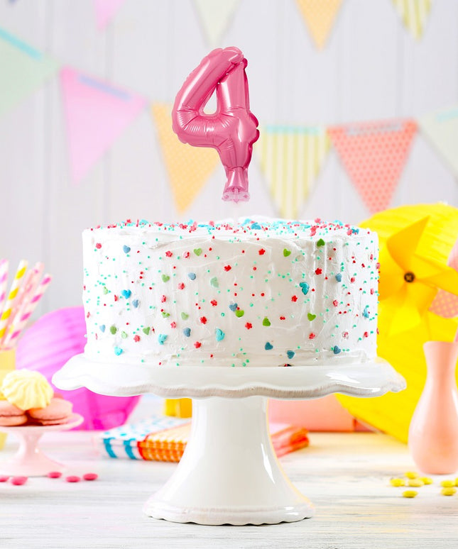 Folija balon številka 4 na palčki, roza - dekoracija