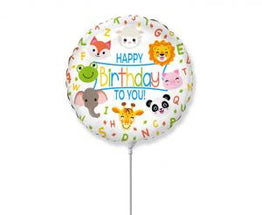 Folija balon Happy Birthday Animals 48 cm bel okrogel